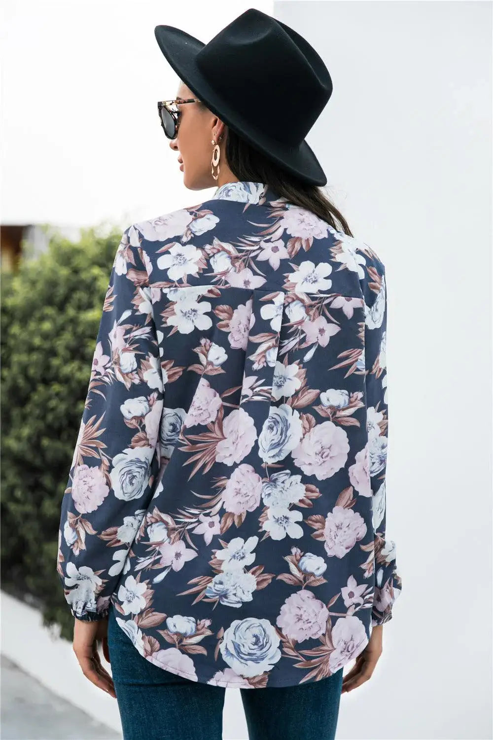 Floral Print Mock Neck Button Front Shirt - Trendsi - Flyclothing LLC