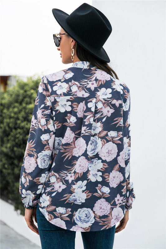Floral Print Mock Neck Button Front Shirt - Trendsi - Flyclothing LLC