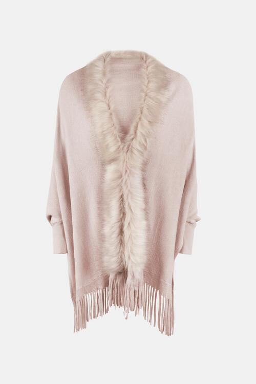 Fringe Open Front Long Sleeve Poncho - Trendsi