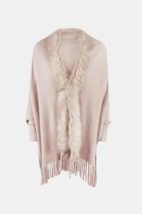 Fringe Open Front Long Sleeve Poncho - Trendsi - Flyclothing LLC