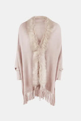 Fringe Open Front Long Sleeve Poncho - Trendsi - Flyclothing LLC