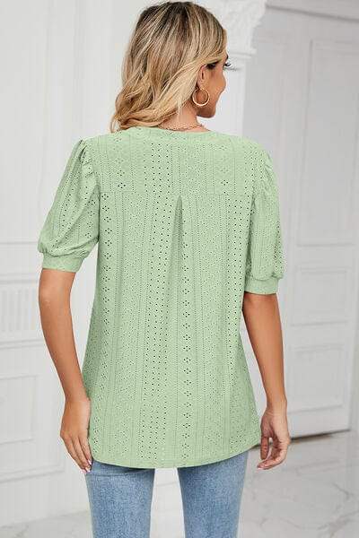 Eyelet Notched Short Sleeve T-Shirt - Trendsi - Flyclothing LLC