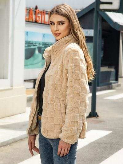 Fuzzy Checkered Zip Up Jacket - Trendsi - Flyclothing LLC