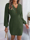 Buttoned Cable-Knit V-Neck Sweater Dress - Trendsi - Flyclothing LLC