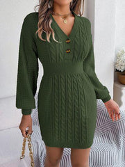 Buttoned Cable-Knit V-Neck Sweater Dress - Trendsi