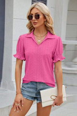 Eyelet Johnny Collar Short Sleeve Blouse - Trendsi - Flyclothing LLC