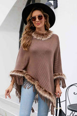 Faux Fur Trim Fringed Poncho - Trendsi - Flyclothing LLC