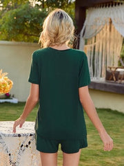 V-Neck Short Sleeve Top and Pocketed Shorts Lounge Set - Flyclothing LLC
