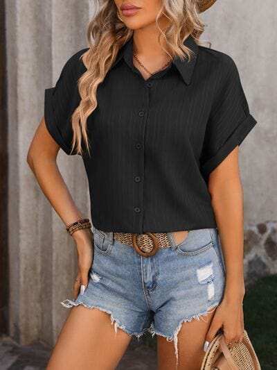 Textured Button Up Cap Sleeve Shirt - Trendsi - Flyclothing LLC