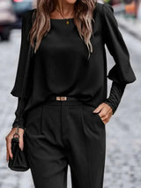 Round Neck Lantern Sleeve Blouse - Trendsi - Flyclothing LLC
