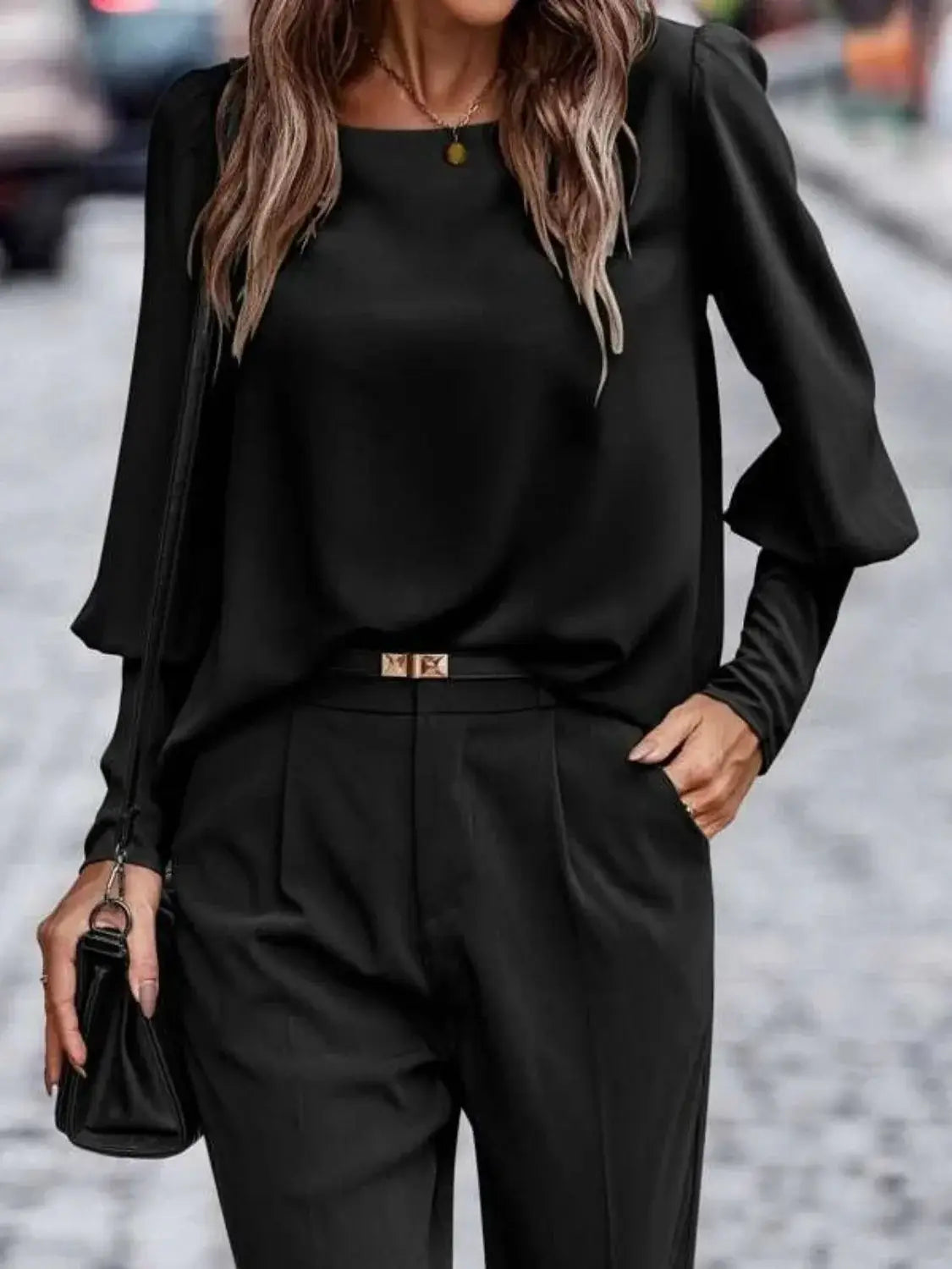 Round Neck Lantern Sleeve Blouse - Trendsi - Flyclothing LLC
