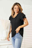 Double Take Eyelet Tie-Neck Flutter Sleeve Blouse - Trendsi