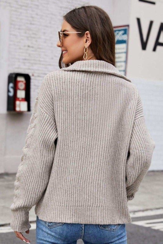 Half Zip Mixed Knit Collared Sweater - Trendsi - Flyclothing LLC