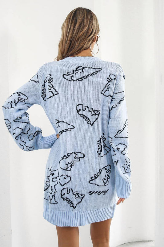 Dinosaur Pattern V-Neck Sweater Dress - Trendsi