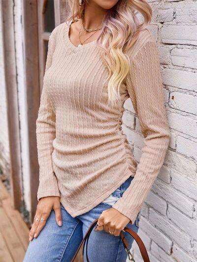 Textured Ruched V-Neck Long Sleeve T-Shirt - Trendsi - Flyclothing LLC