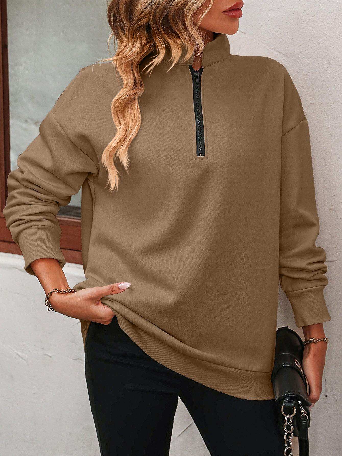 Zip-Up Dropped Shoulder Sweatshirt - Trendsi - Flyclothing LLC
