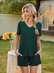 V-Neck Short Sleeve Top and Pocketed Shorts Lounge Set - Flyclothing LLC