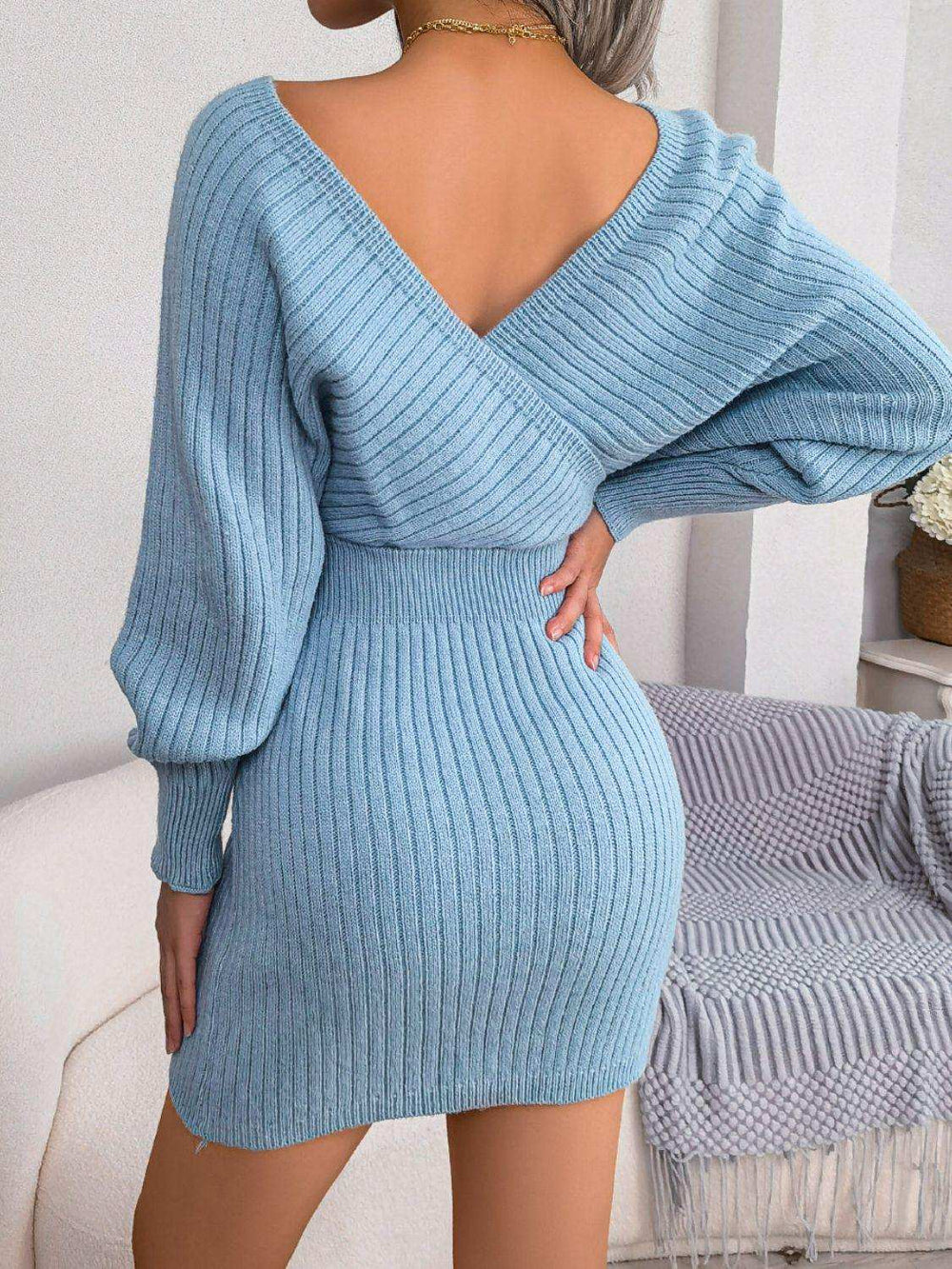 Rib-Knit Dolman Sleeve Sweater Dress - Trendsi - Flyclothing LLC