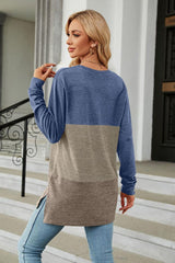 Color Block Round Neck Long Sleeve Slit T-Shirt - Trendsi