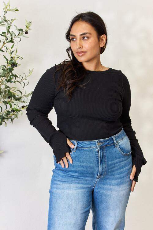 Culture Code Full Size Ribbed Round Neck Long Sleeve Top - Trendsi - Flyclothing LLC