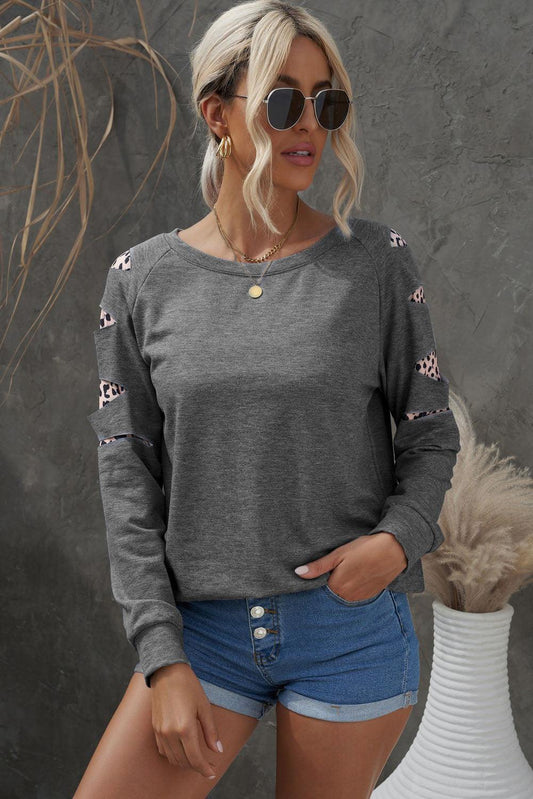 Leopard Patchwork Raglan Sleeve Sweatshirt - Trendsi