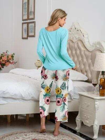 Round Neck Top and Printed Pants Lounge Set - Trendsi - Flyclothing LLC