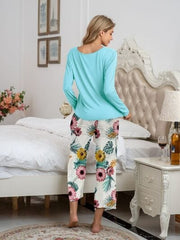 Round Neck Top and Printed Pants Lounge Set - Trendsi