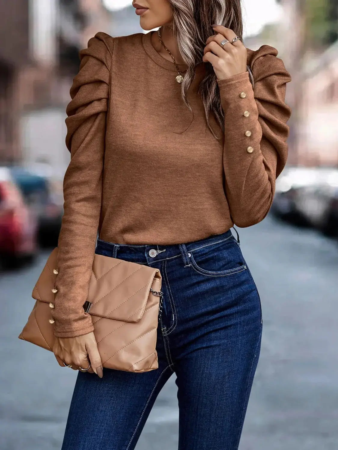 Decorative Button Puff Sleeve T-Shirt - Trendsi - Flyclothing LLC