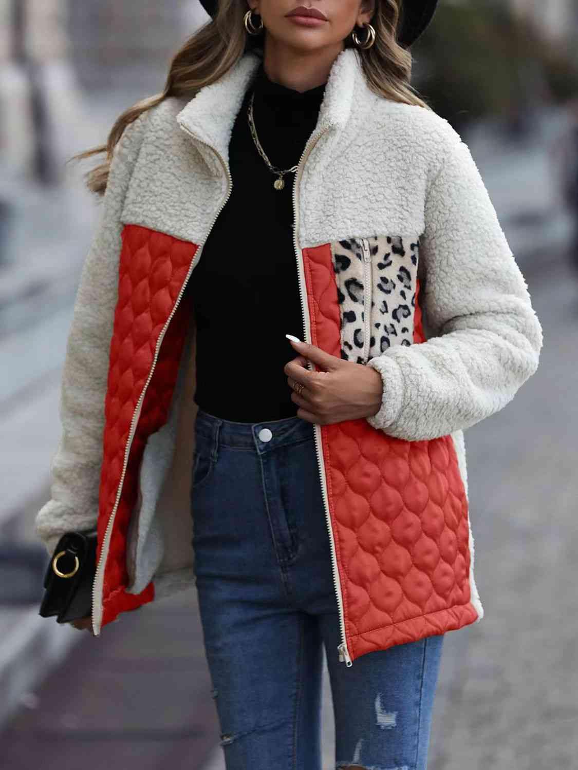 Leopard Color Block Zip-Up Jacket - Trendsi