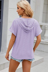 Eyelet Drawstring Hooded Short Sleeve Blouse - Trendsi - Flyclothing LLC