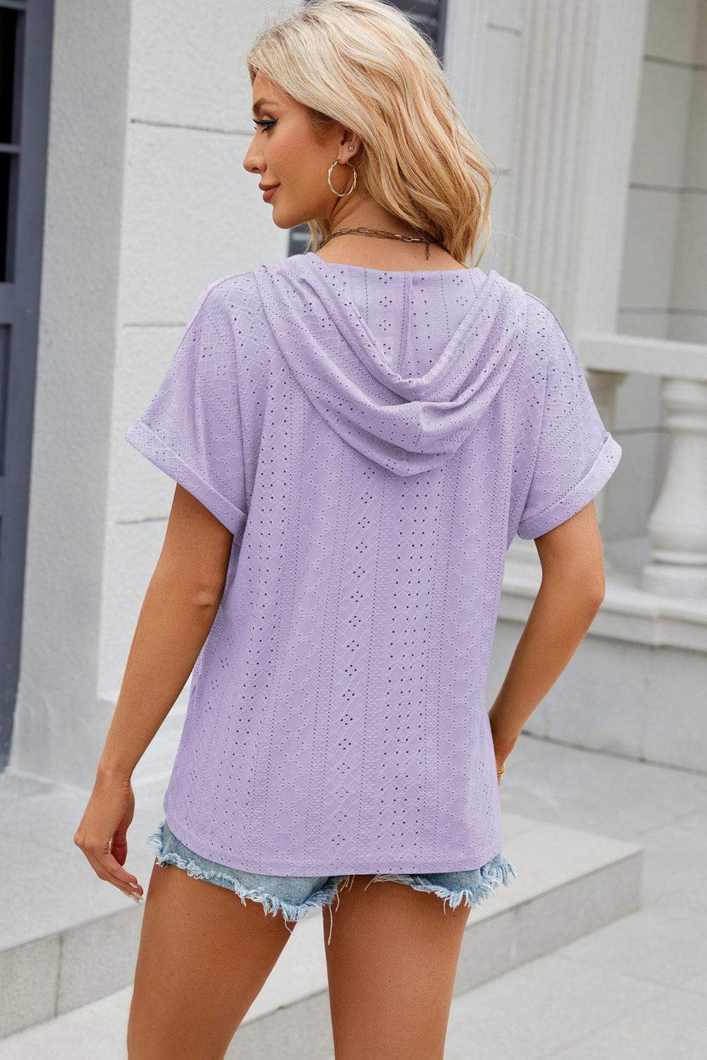 Eyelet Drawstring Hooded Short Sleeve Blouse - Trendsi - Flyclothing LLC