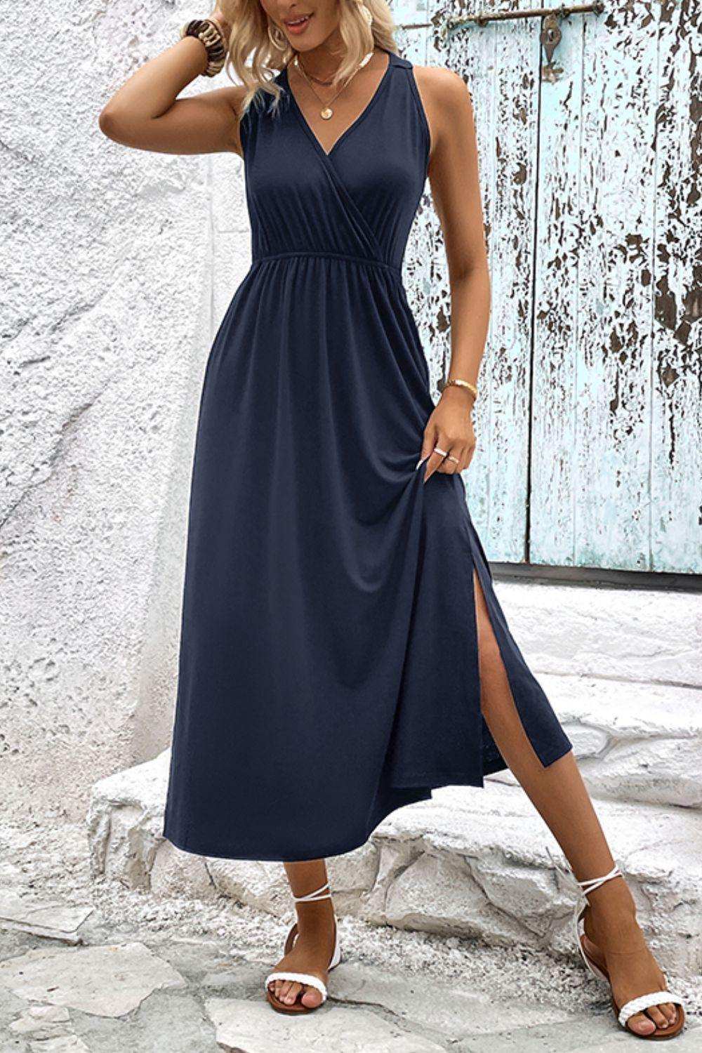 Surplice Neck Slit Sleeveless Dress - Trendsi - Flyclothing LLC