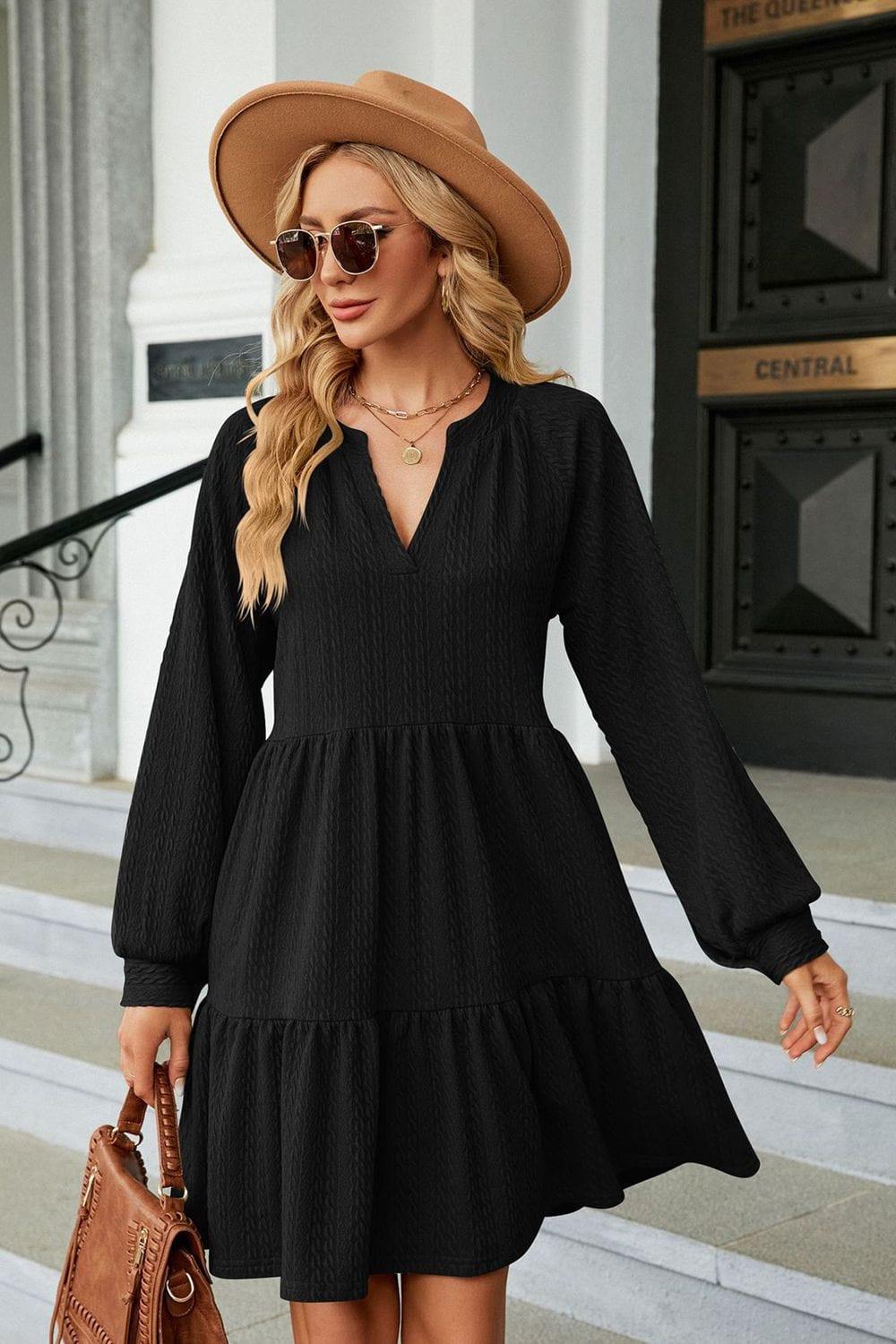 Notched Neck Long Sleeve Mini Dress - Trendsi