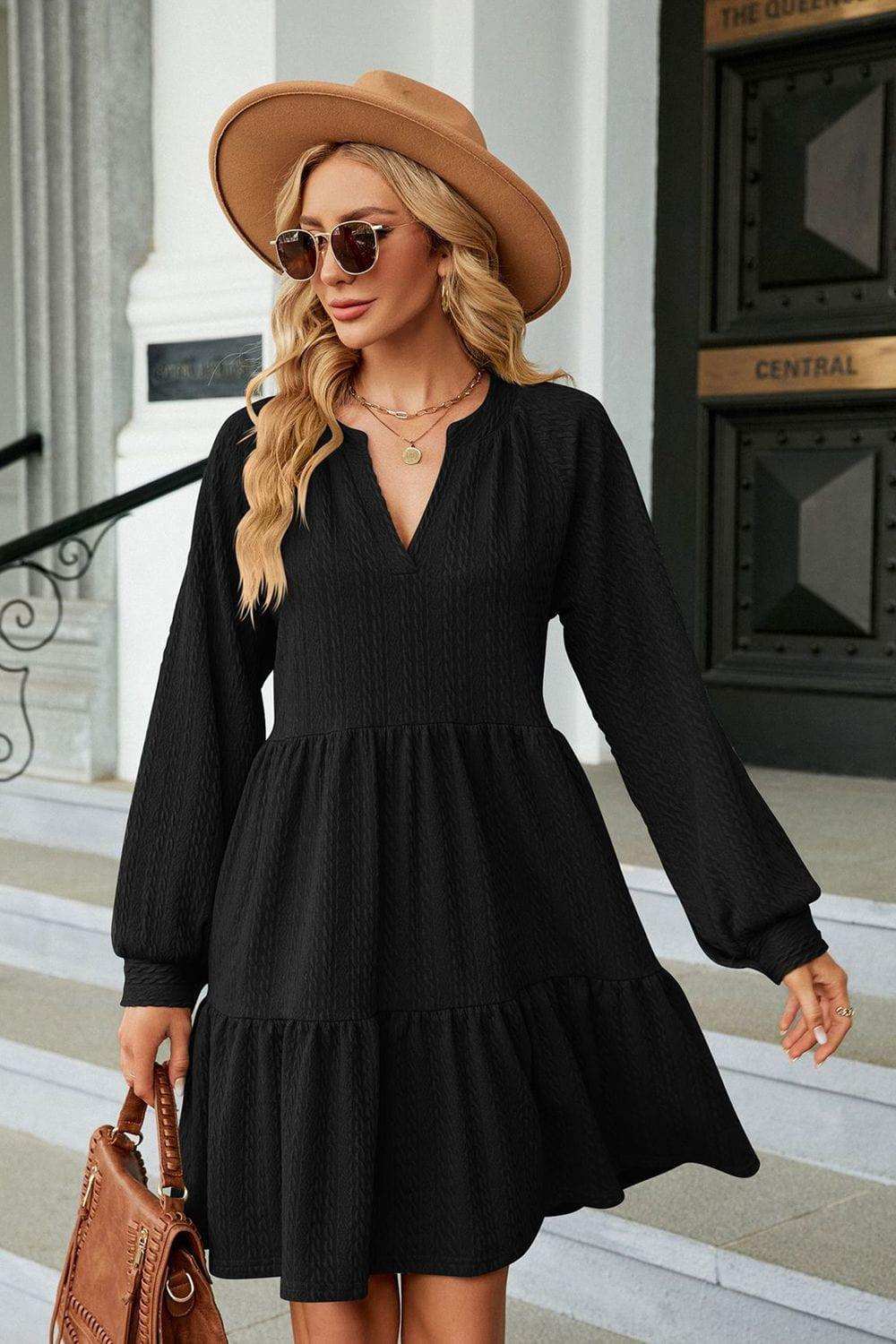 Notched Neck Long Sleeve Mini Dress - Trendsi - Flyclothing LLC