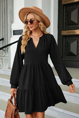 Notched Neck Long Sleeve Mini Dress - Trendsi