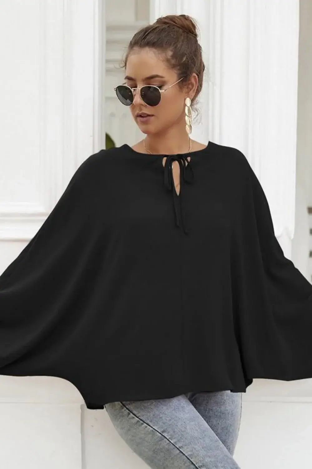 Tie Neck Balloon Sleeve Blouse - Trendsi - Flyclothing LLC