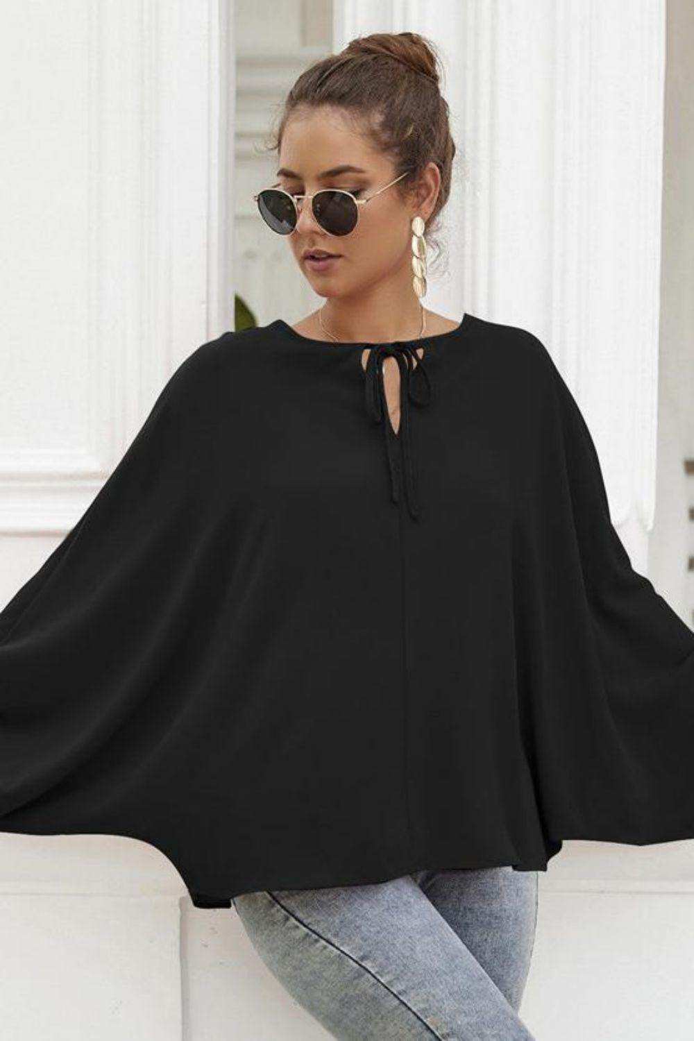 Tie Neck Balloon Sleeve Blouse - Trendsi - Flyclothing LLC