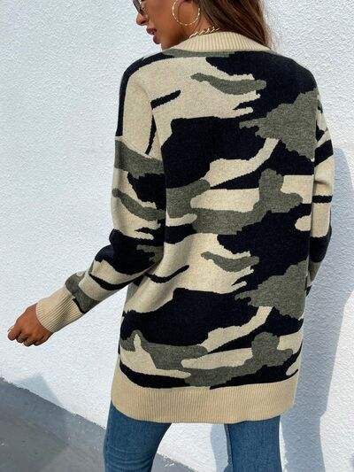 Camouflaged Dropped Shoulder Open Front Cardigan - Trendsi - Flyclothing LLC