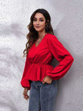 V-Neck Balloon Sleeve Peplum Blouse - Trendsi - Flyclothing LLC
