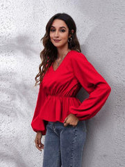 V-Neck Balloon Sleeve Peplum Blouse - Flyclothing LLC