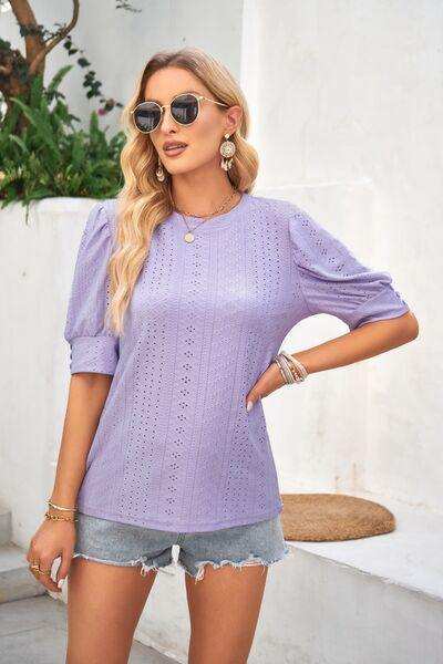 Openwork Round Neck Short Sleeve Blouse - Trendsi - Flyclothing LLC