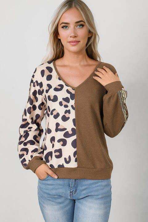 Leopard V-Neck Waffle-Knit Top - Trendsi - Flyclothing LLC