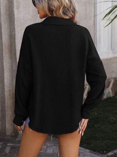 Textured Pocketed Button Up Dropped Shoulder Shirt - Trendsi - Flyclothing LLC
