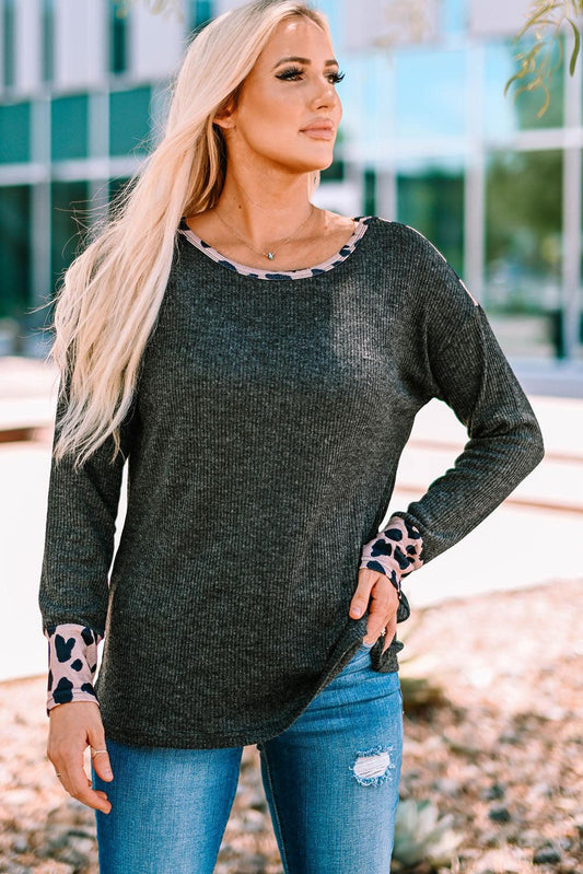Leopard Round Neck Ribbed Top - Flyclothing LLC