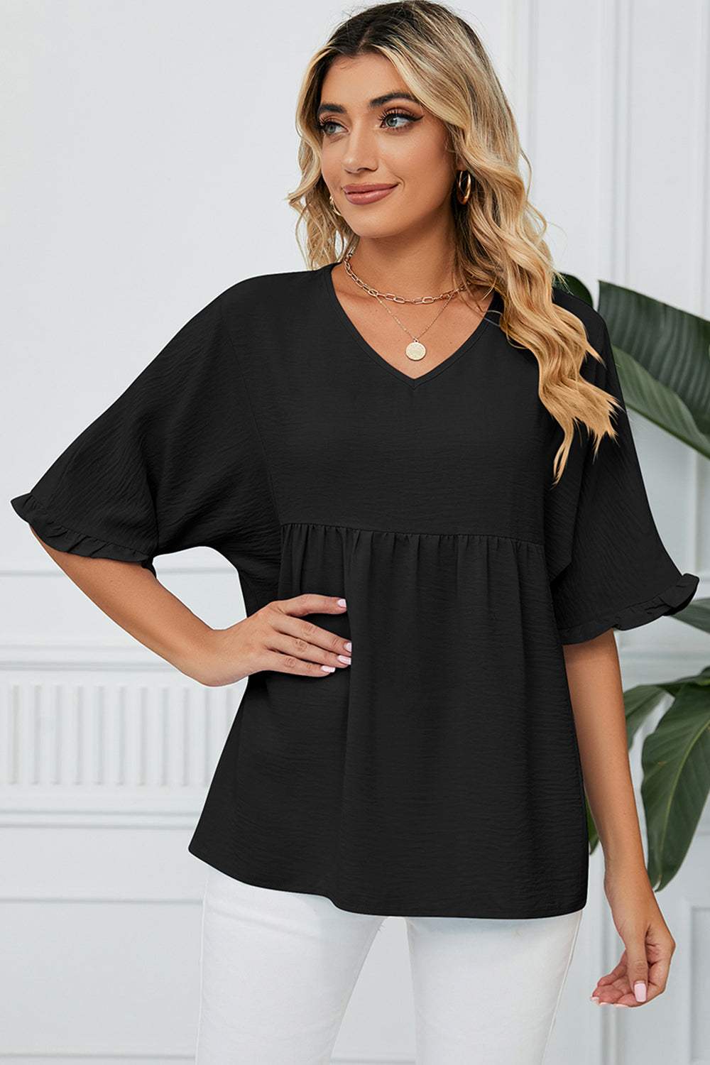 Peplum V-Neck Half Sleeve T-Shirt - Trendsi - Flyclothing LLC