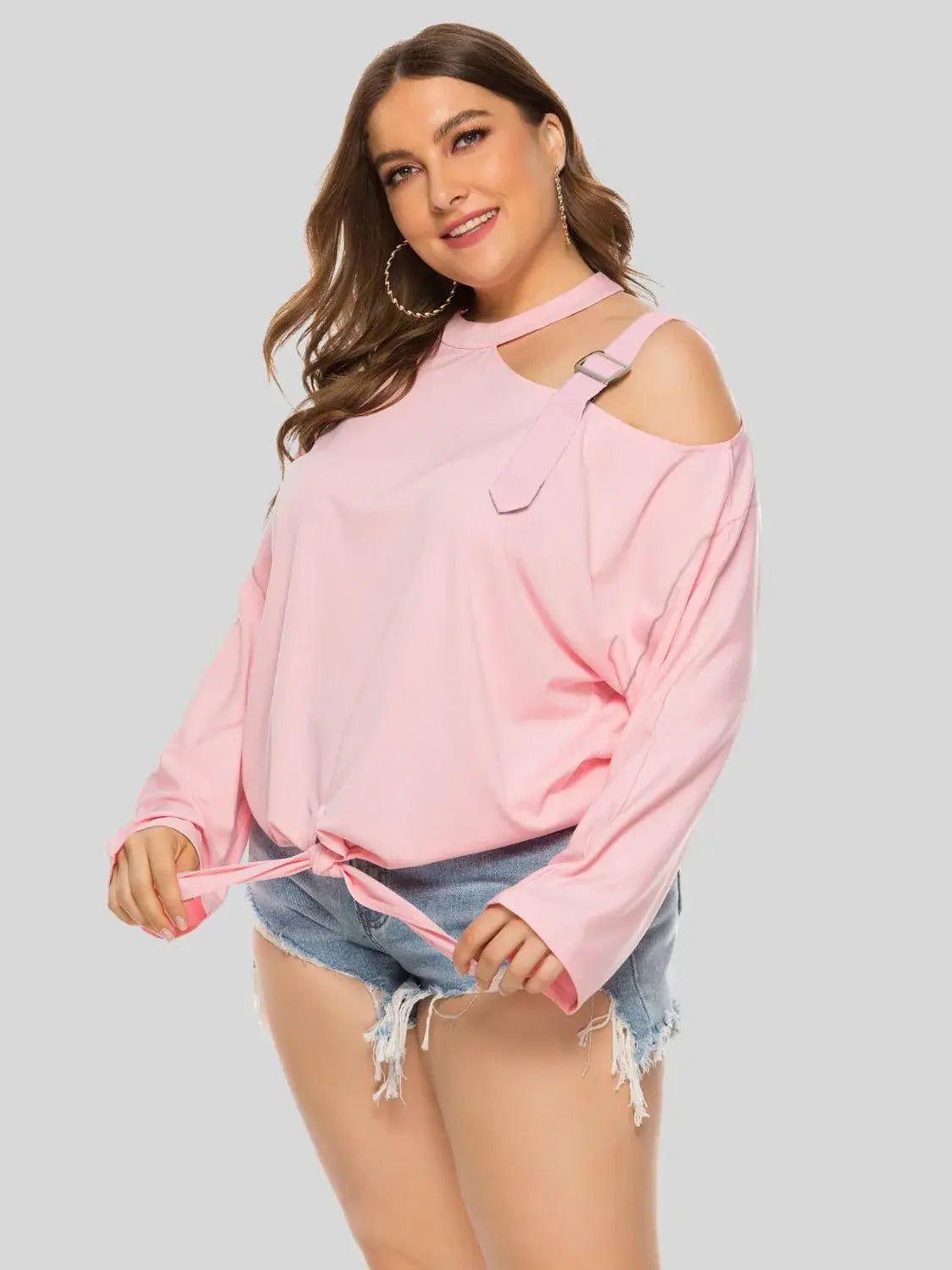 Plus Size Cold-Shoulder Tied Top - Trendsi - Flyclothing LLC