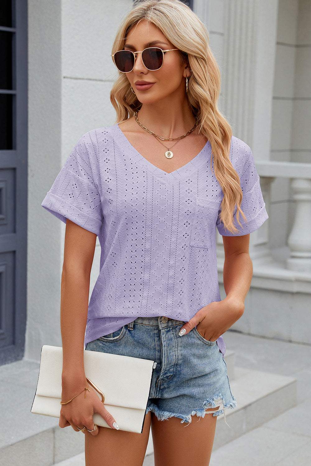 Eyelet V-Neck Short Sleeve T-Shirt - Trendsi - Flyclothing LLC