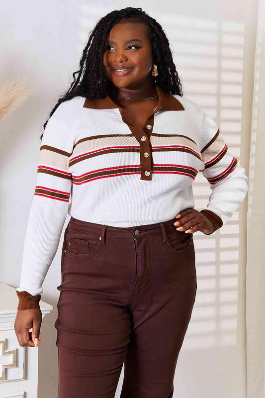 Basic Bae Striped Collared Neck Rib-Knit Top - Trendsi