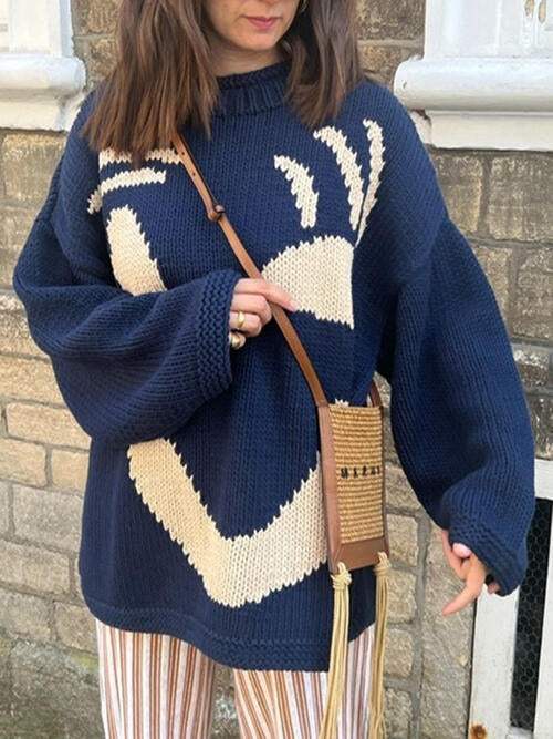 Contrast Drop Shoulder Long Sleeve Sweater - Trendsi - Flyclothing LLC