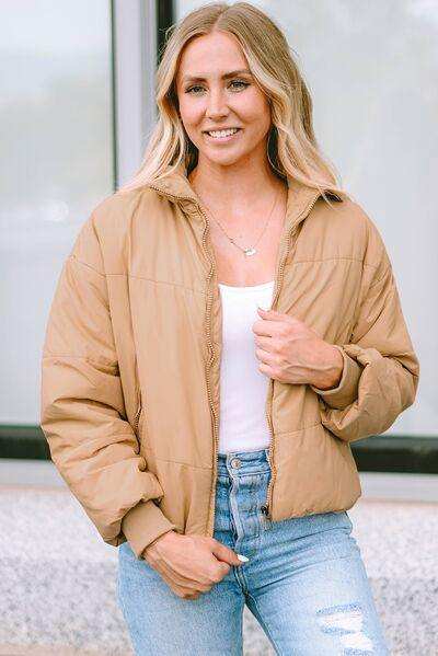 Zip Up Collared Neck Coat with Pockets - Trendsi - Flyclothing LLC